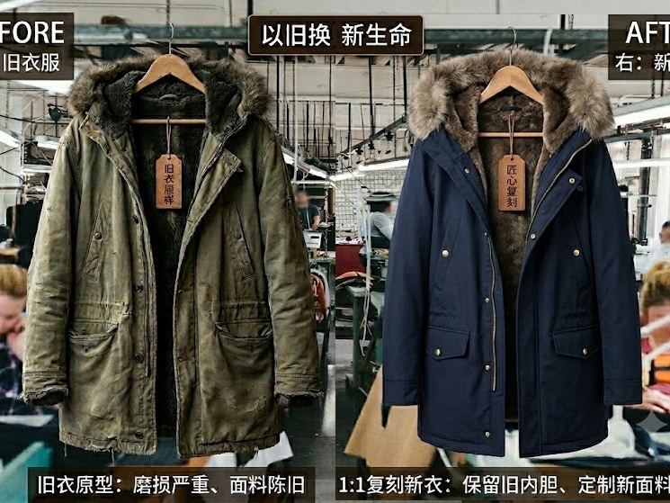旧貂皮夹克 大衣 尼克服  “换皮”（整体翻新、改款）整件衣服拆解、重新排版和新面料重新制作 焕然一新